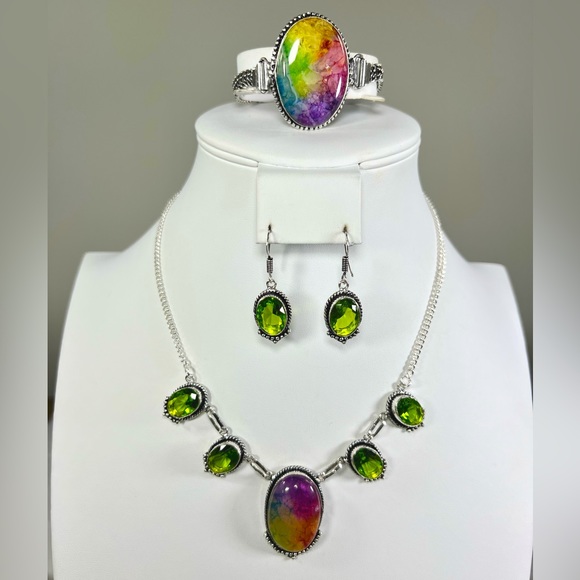 Rainbow Solar Quartz Peridot 925 Gemstone Necklace Bracelet & Earrings Set - Picture 1 of 9